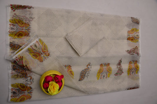 Off White Kota Doria Saree with Blouse Piece | Hand Block Print Saree