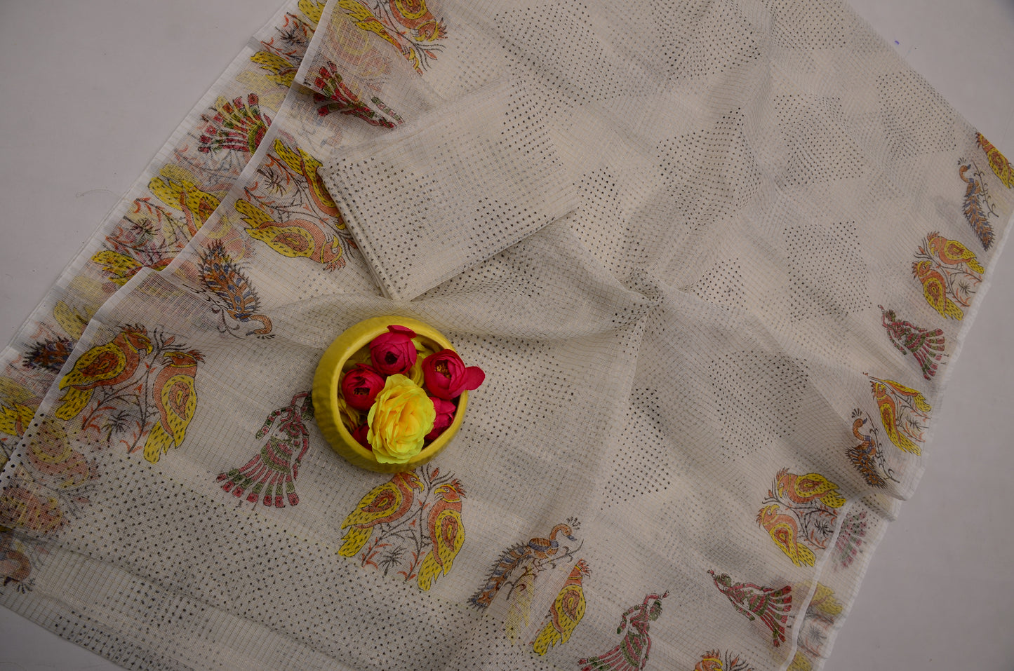 Off White Kota Doria Saree with Blouse Piece | Hand Block Print Saree