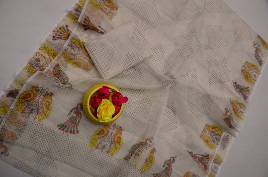 Off White Kota Doria Saree with Blouse Piece | Hand Block Print Saree