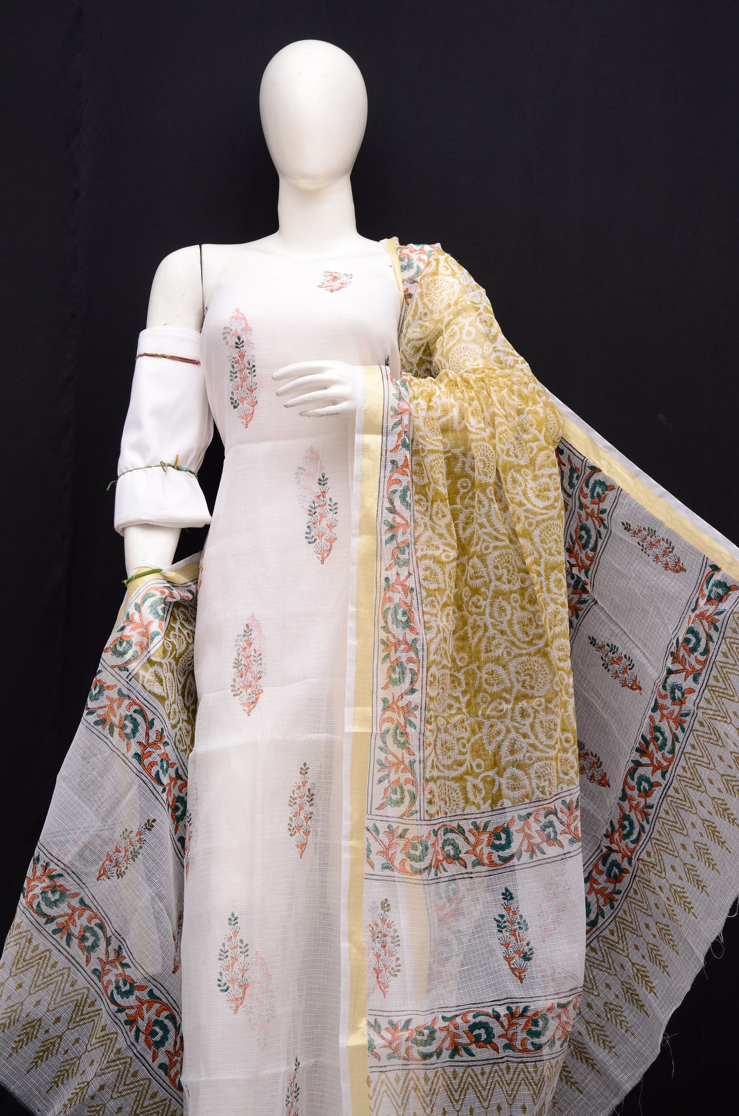Traditional Handblock Printed 3-Piece Unstitched Suit White