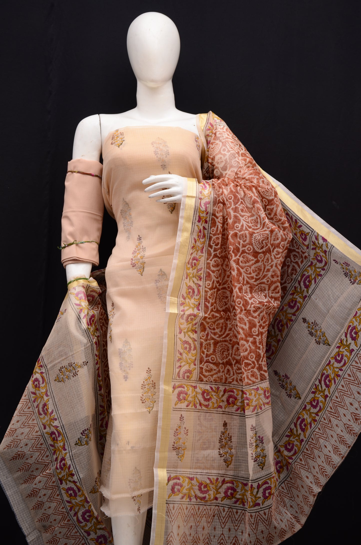 Traditional Handblock Printed 3-Piece Unstitched Suit beige