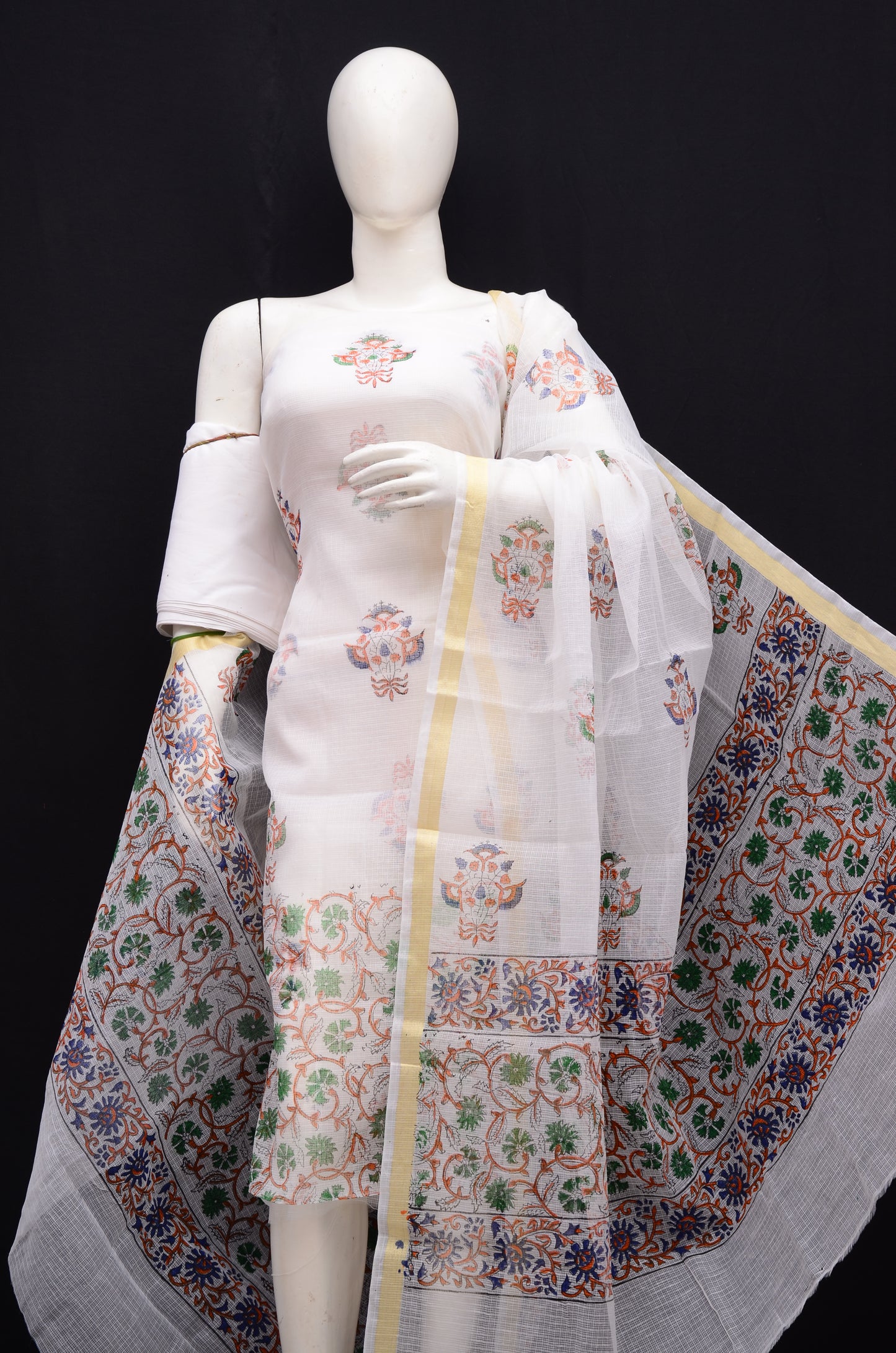 Floral Print Handblock 3-Piece Unstitched Suit White