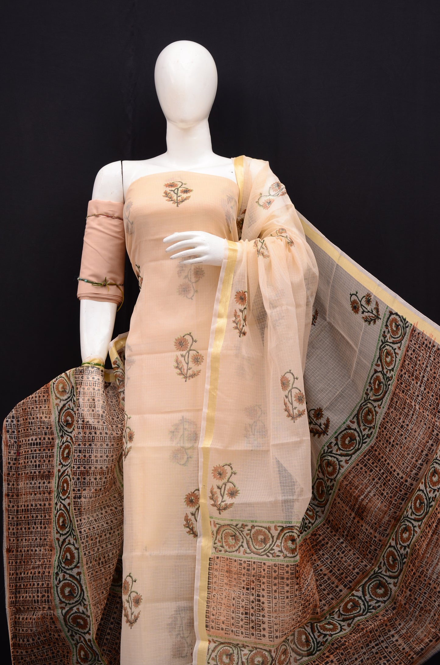 Floral Handblock Printed 3-Piece Unstitched Suit Beige