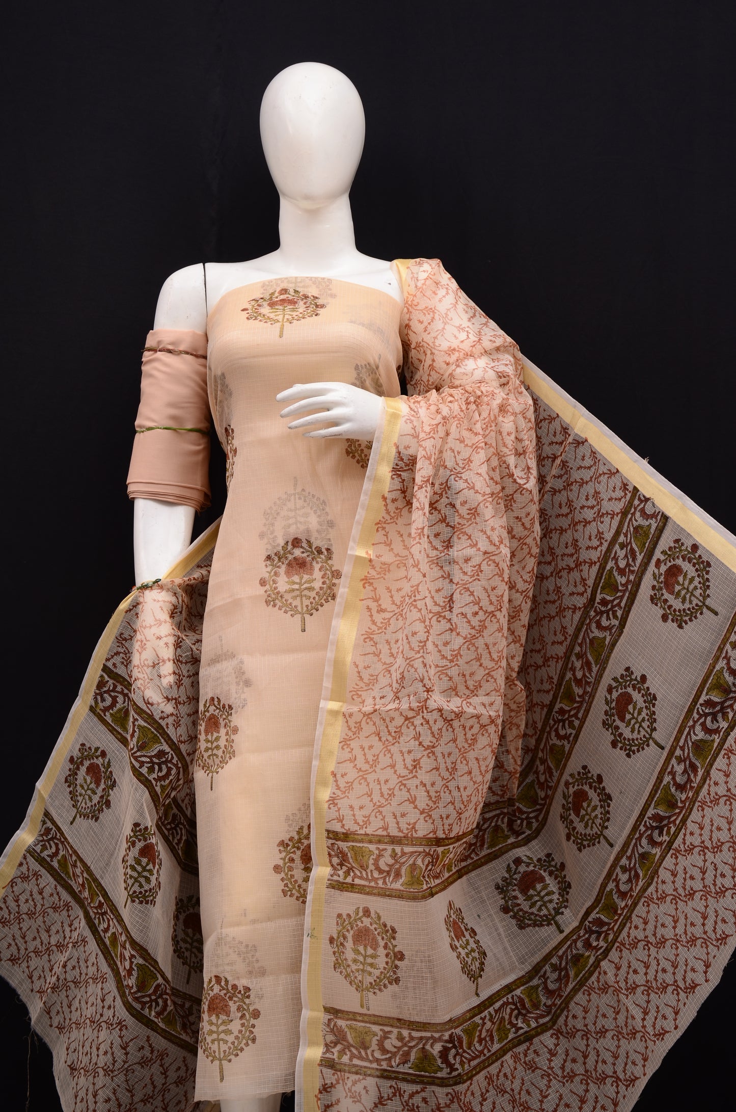 Floral Hand block Printed 3-Piece Unstitched Suit Beige