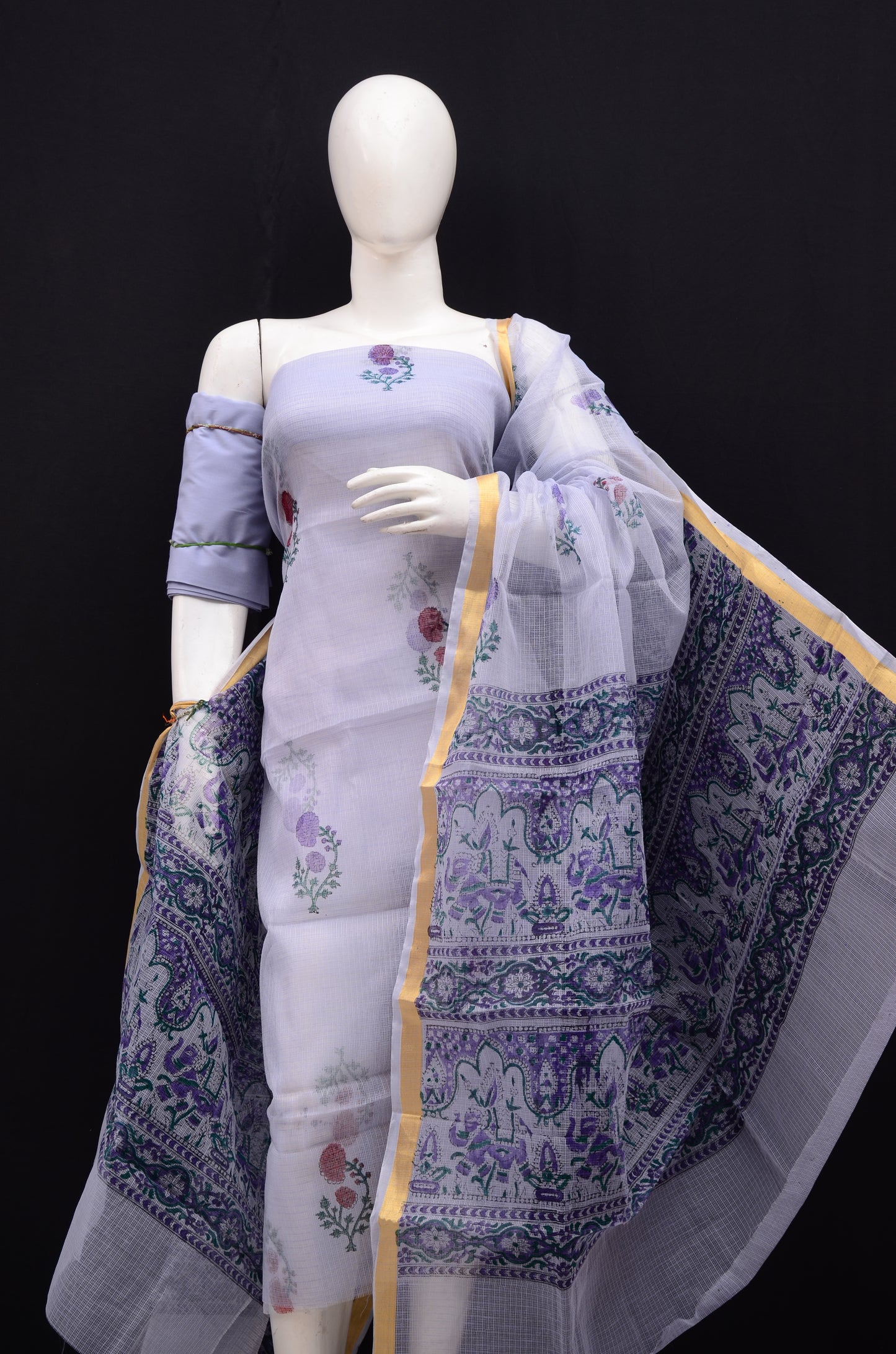 Floral Handblock Printed 3-Piece Unstitched Suit Purple
