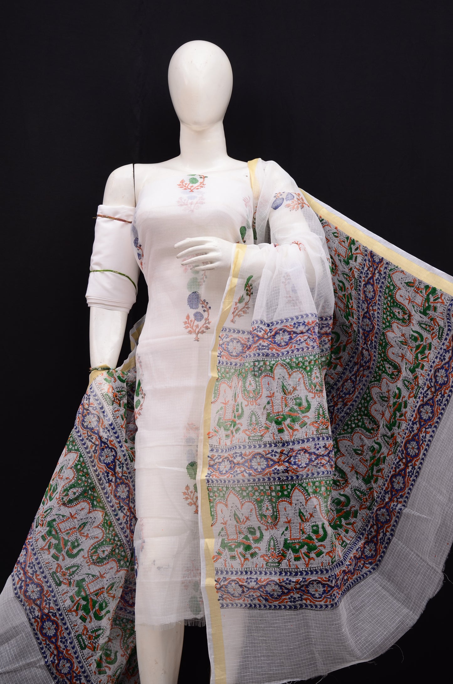 Floral Handblock Printed 3-Piece Unstitched Suit White