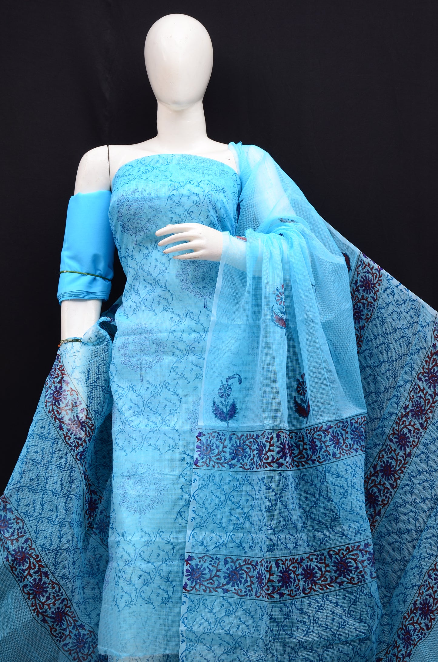 Floral Handblock Printed 3-Piece Unstitched Suit Blue