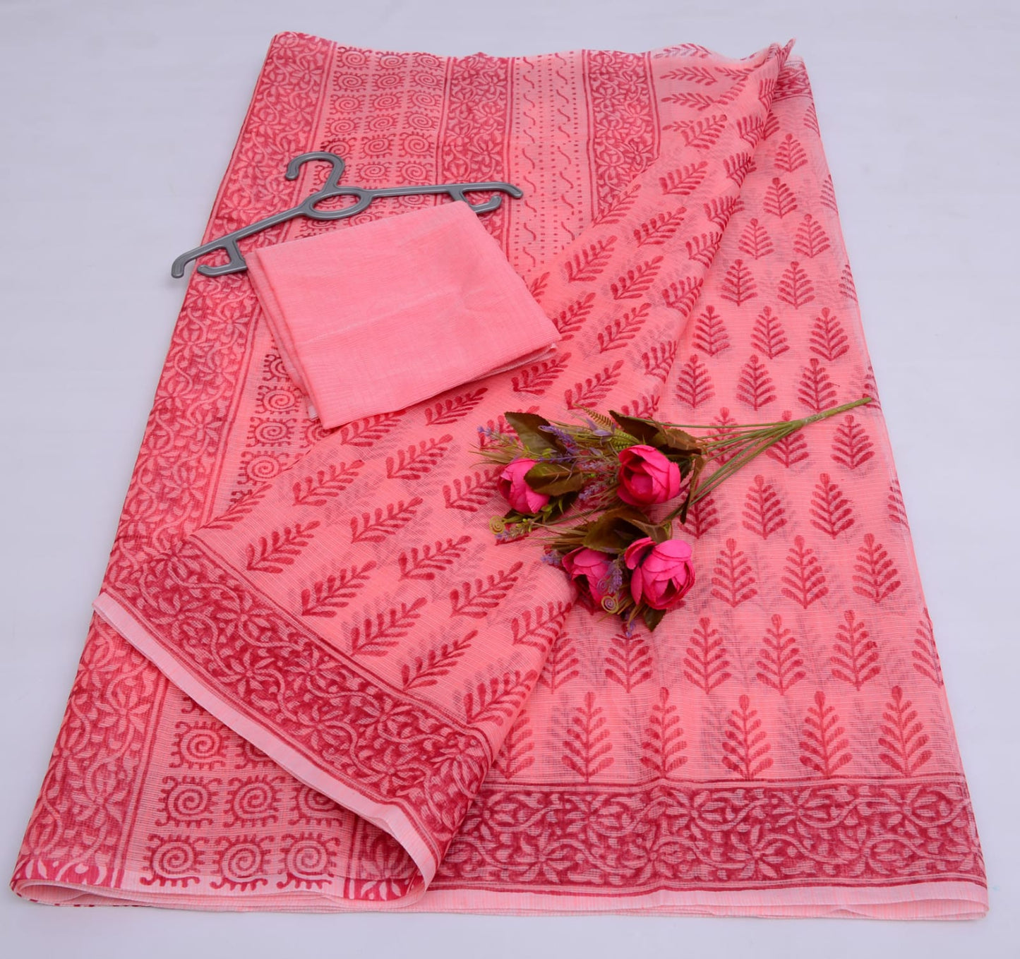 Premium Handblock Printed Saree with Running Blouse Rose Pink
