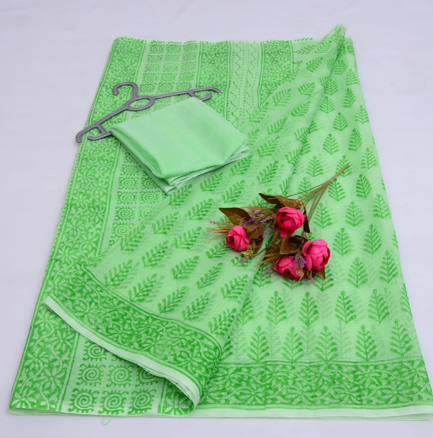 Premium Handblock Printed Saree with Running Blouse Green