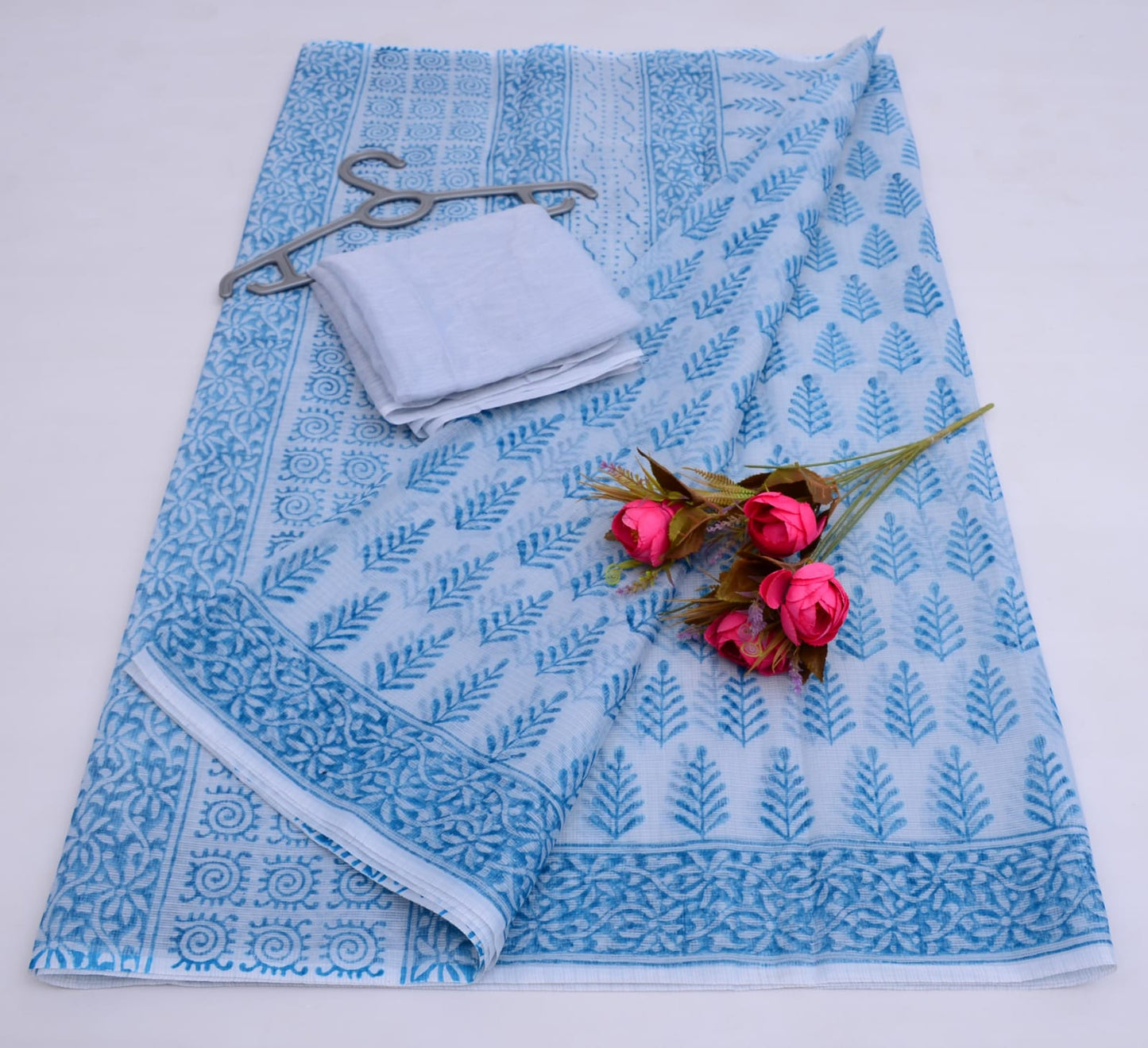 Premium Handblock Printed Saree with Running Blouse Light Blue
