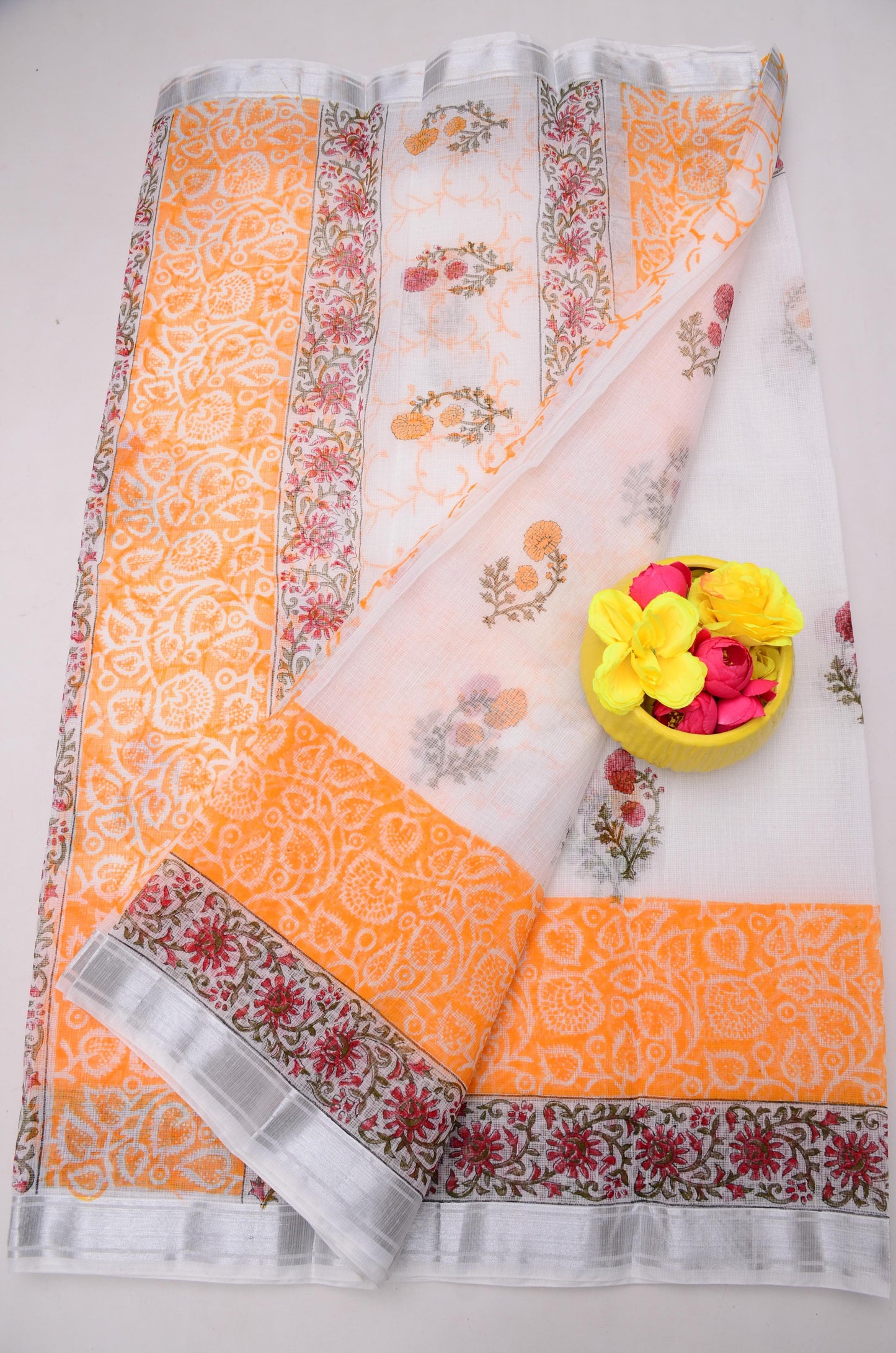 Premium Handblock Printed Saree with Matching Blouse Orange