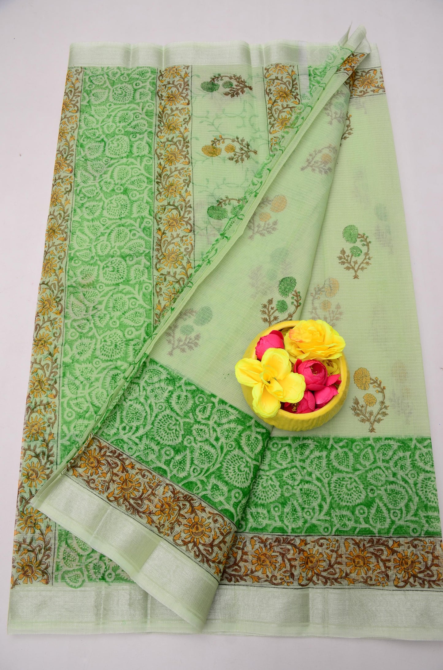 Premium Handblock Printed Saree with Matching Blouse Green