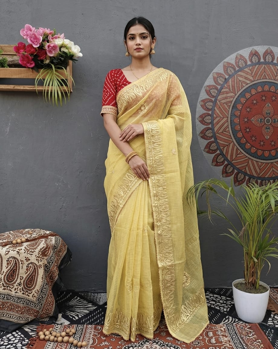 Elegant Kota Doria Gota Patti Saree with Contrast Bandhani Blouse Pastel Lemon yellow