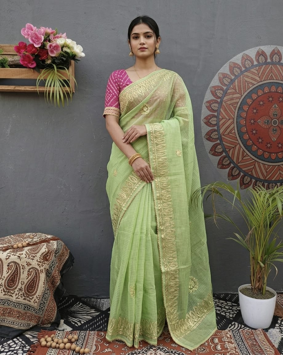 Elegant Kota Doria Gota Patti Saree with Contrast Bandhani Blouse Green