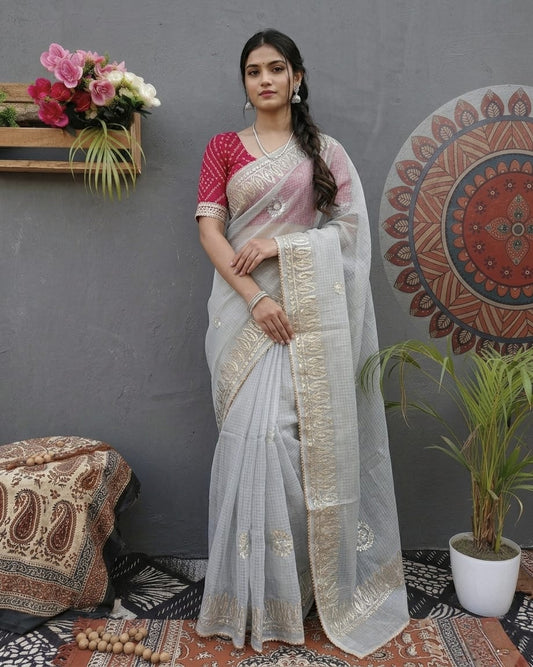 Elegant Kota Doria Gota Patti Saree with Contrast Bandhani Blouse ( 5 Color )