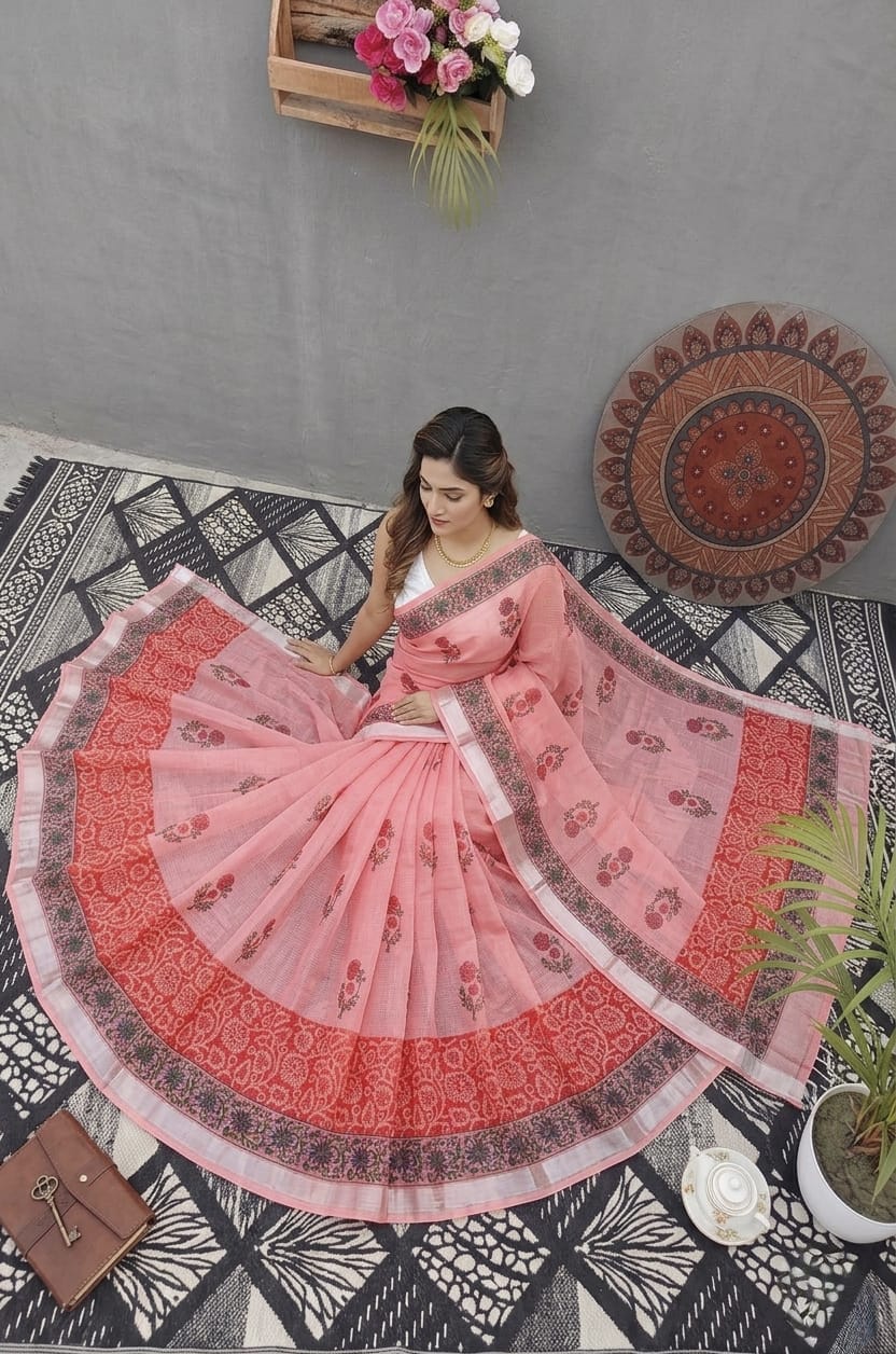 Premium Handblock Printed Saree with Matching Blouse Pink