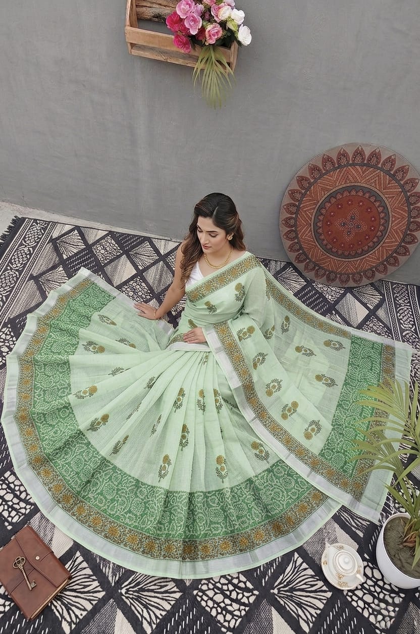 Premium Handblock Printed Saree with Matching Blouse Green