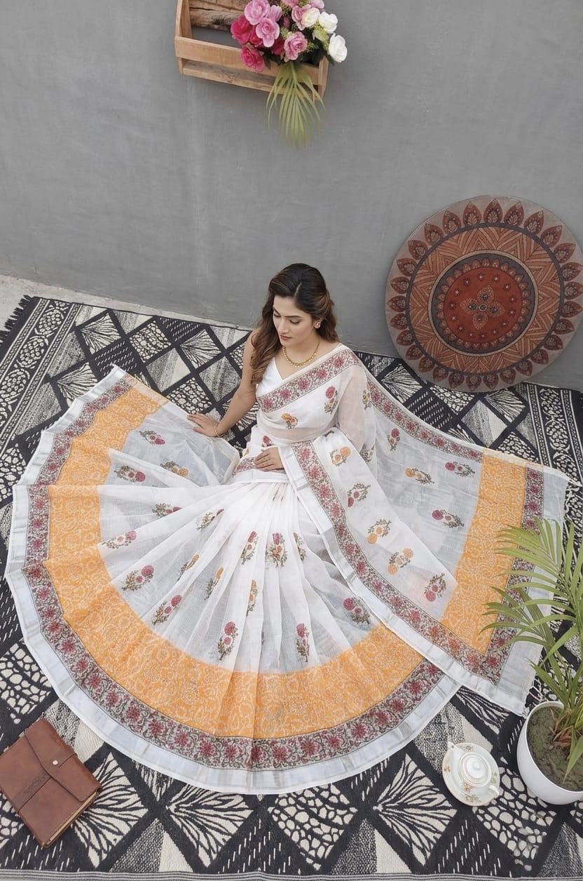 Premium Handblock Printed Saree with Matching Blouse Orange