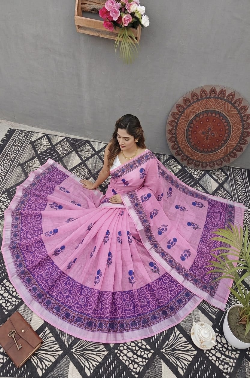 Premium Handblock Printed Saree with Matching Blouse (14 color variants)