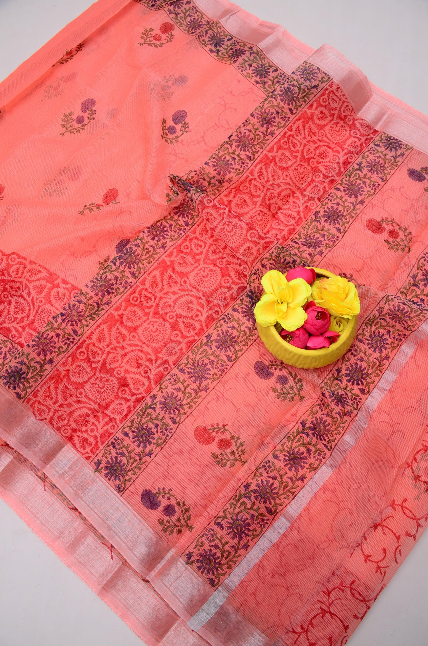 Premium Handblock Printed Saree with Matching Blouse Pink