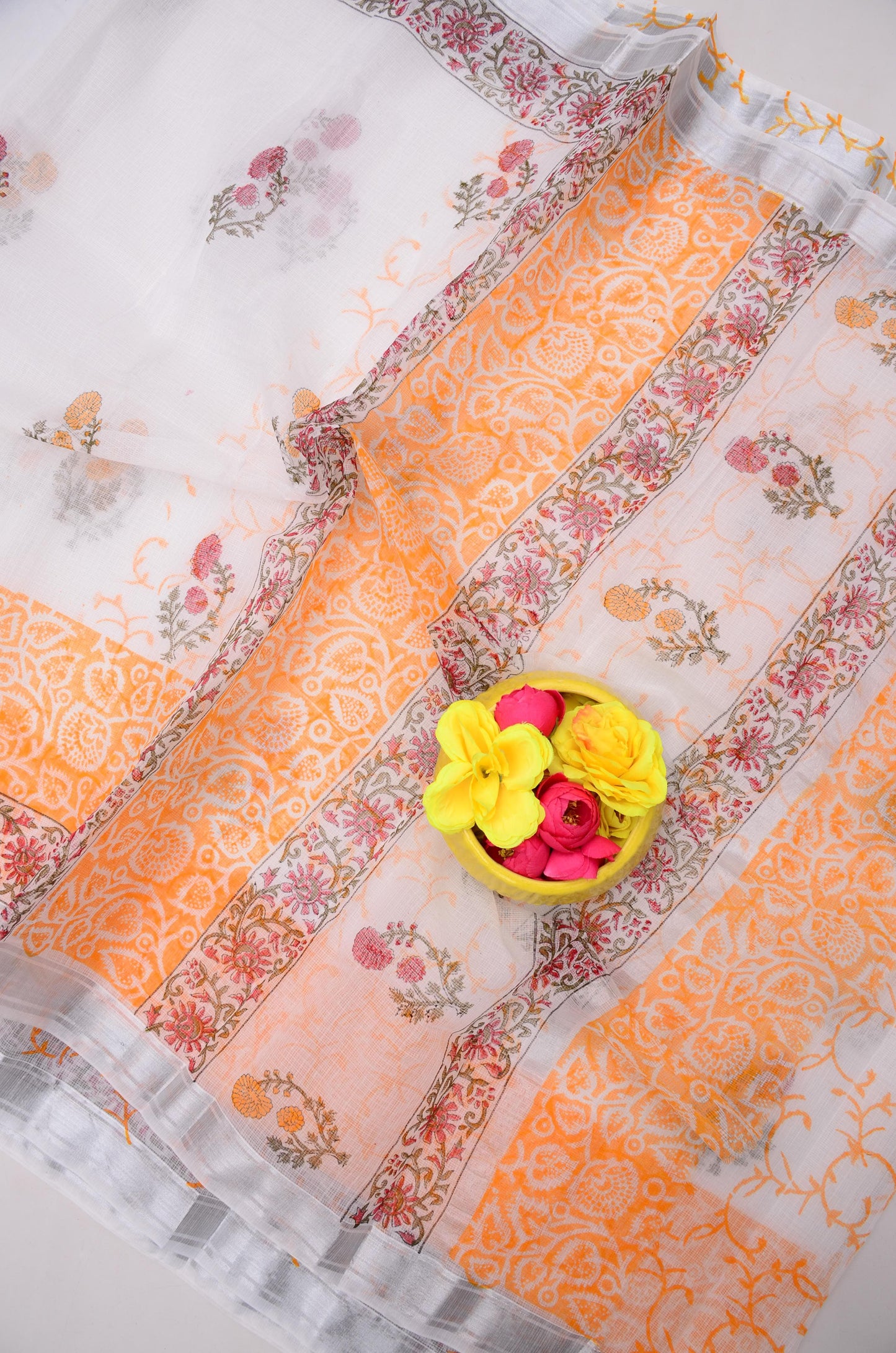 Premium Handblock Printed Saree with Matching Blouse Orange