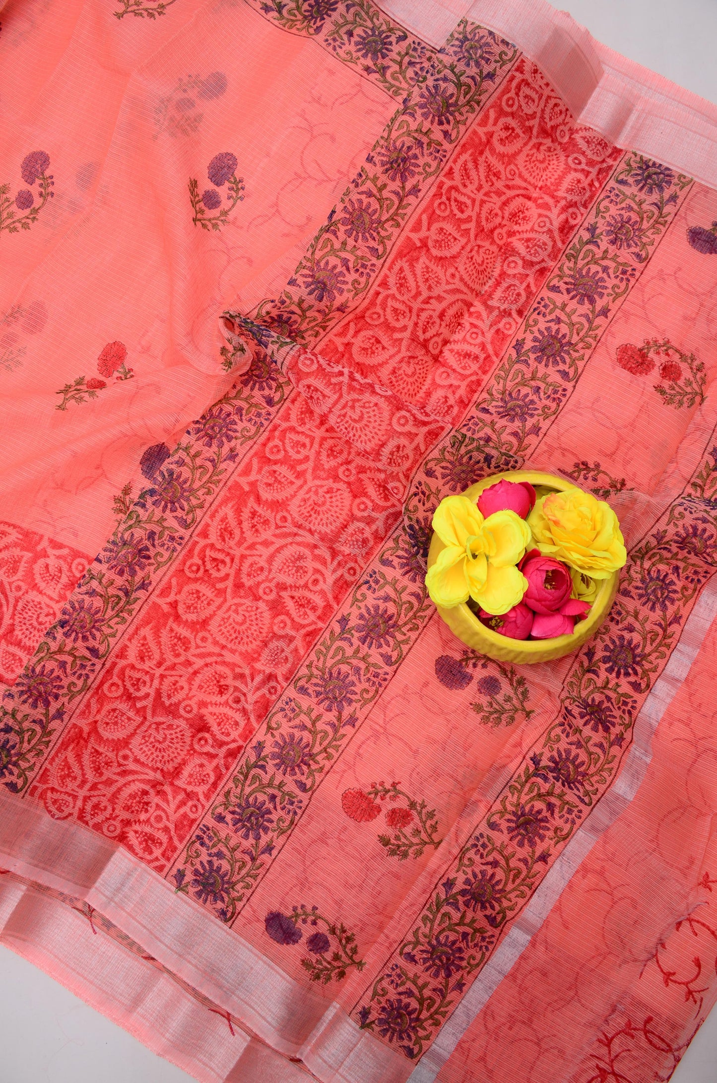 Premium Handblock Printed Saree with Matching Blouse Pink