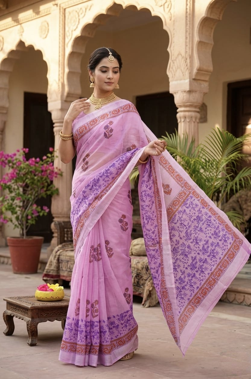 Premium Handblock Printed Floral Saree Purple