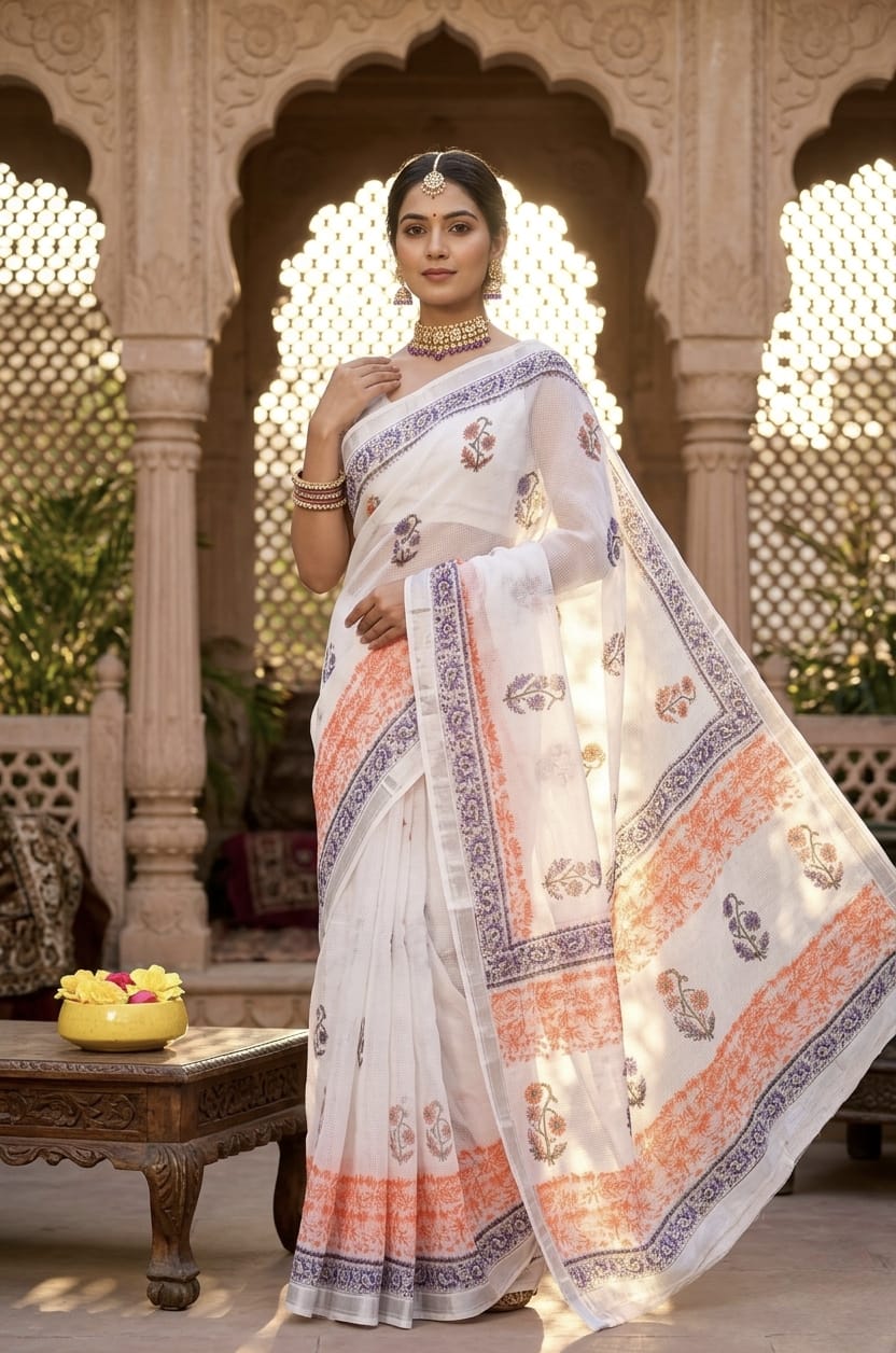 Premium Handblock Printed Floral Saree White