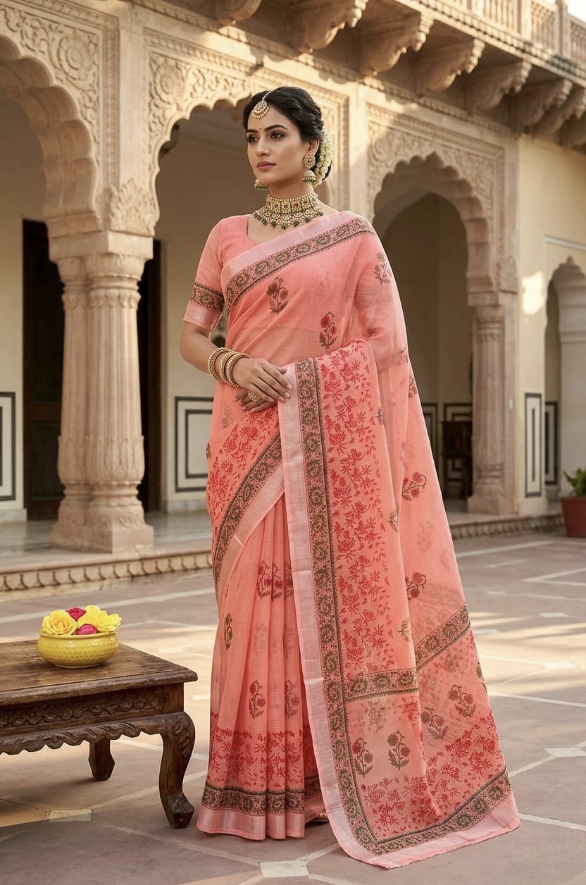 Premium Handblock Printed Floral Saree Pink