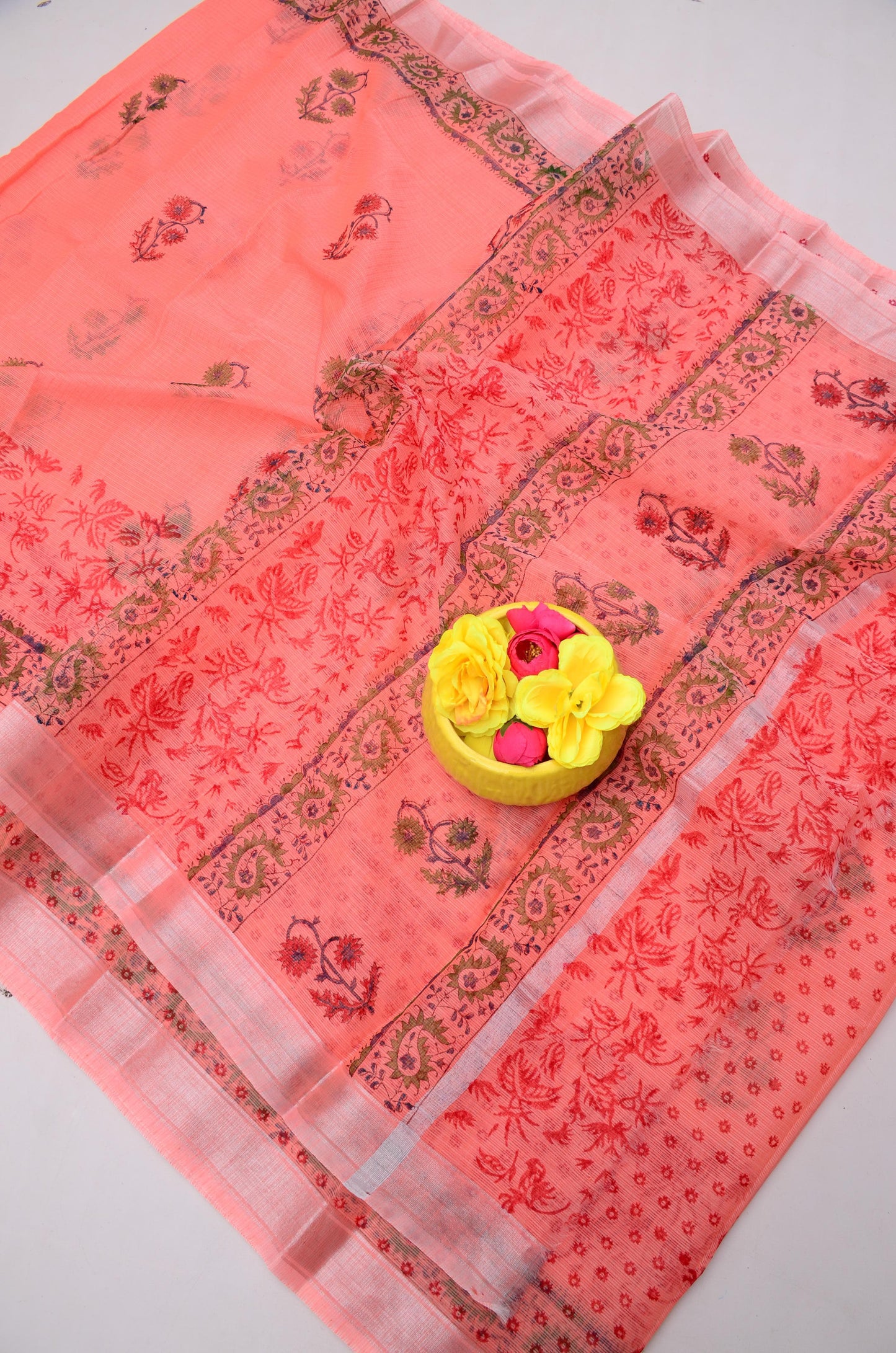 Premium Handblock Printed Floral Saree Pink