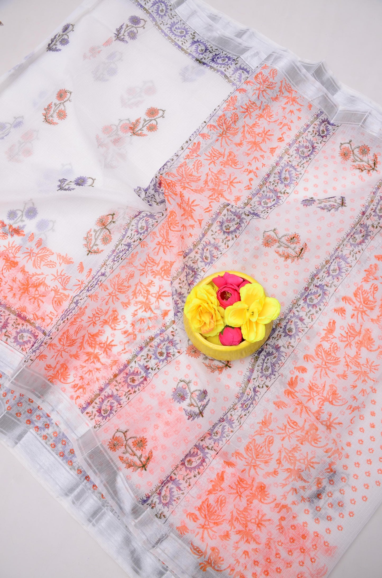 Premium Handblock Printed Floral Saree White