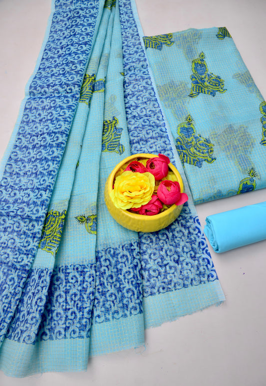 Premium Kota Doria Hand Block Print Suit Set for Women | Light Blue