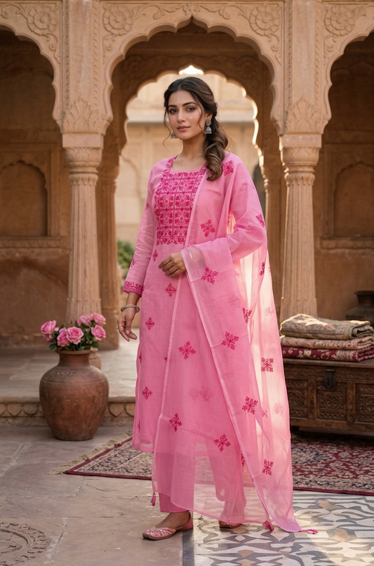 Light Pink Kota Doria Cross Stitch Embroidery Dress Material for Women