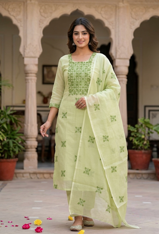 Light Green Kota Doria Suit with Cross Stitch Embroidery | Dress Material