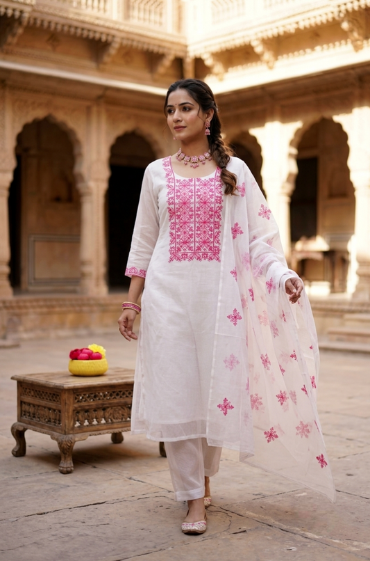 Premium White Kota Doria Embroidered Suit Set with Pink Floral Motif