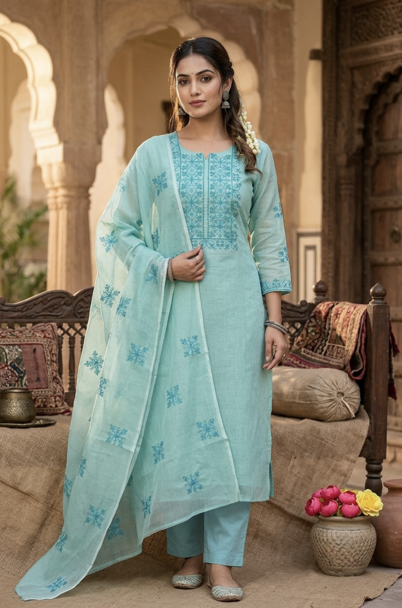 Light Teal Kota Doria Cross Stitch Embroidery Dress Material for Women