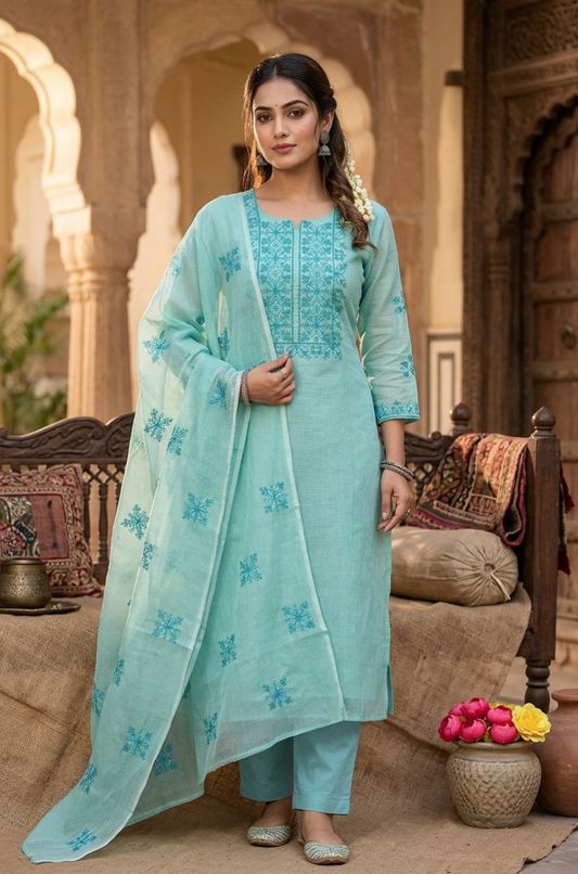 Light Teal Kota Doria Cross Stitch Embroidery Dress Material for Women