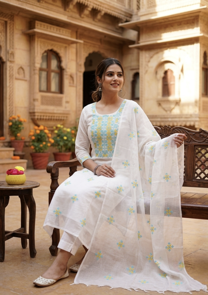 Premium White Kota Doria Embroidered Unstitched Suit Set