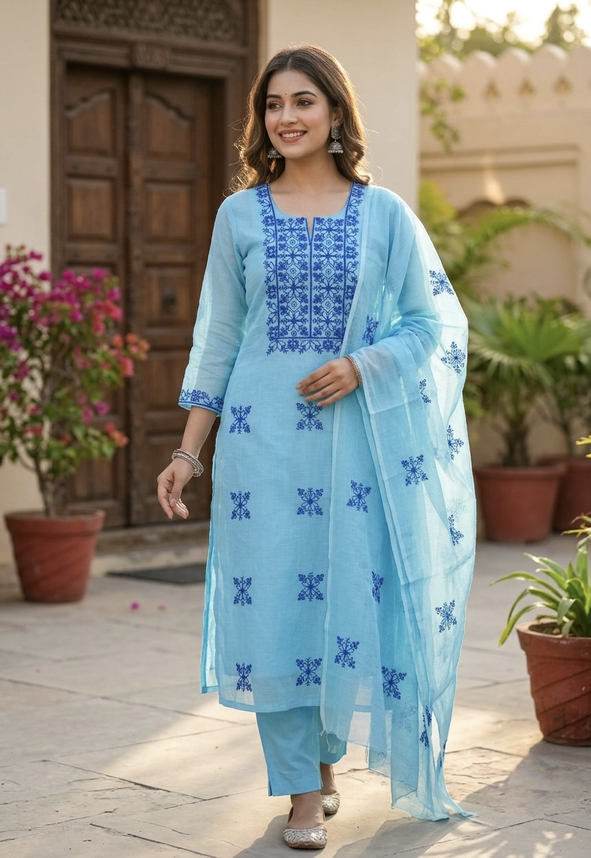 Elegant Light Blue Kota Doria Unstitched Suit Set with Dupatta