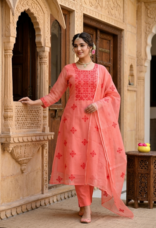 Women's Peach Kota Doria Embroidery Work Suit Material