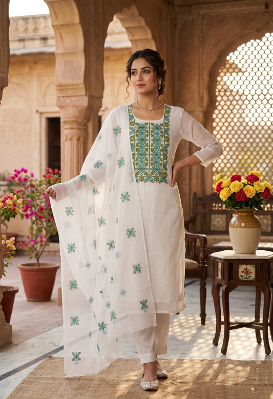 White Kota Doria Embroidered Dress Material for Festive Wear