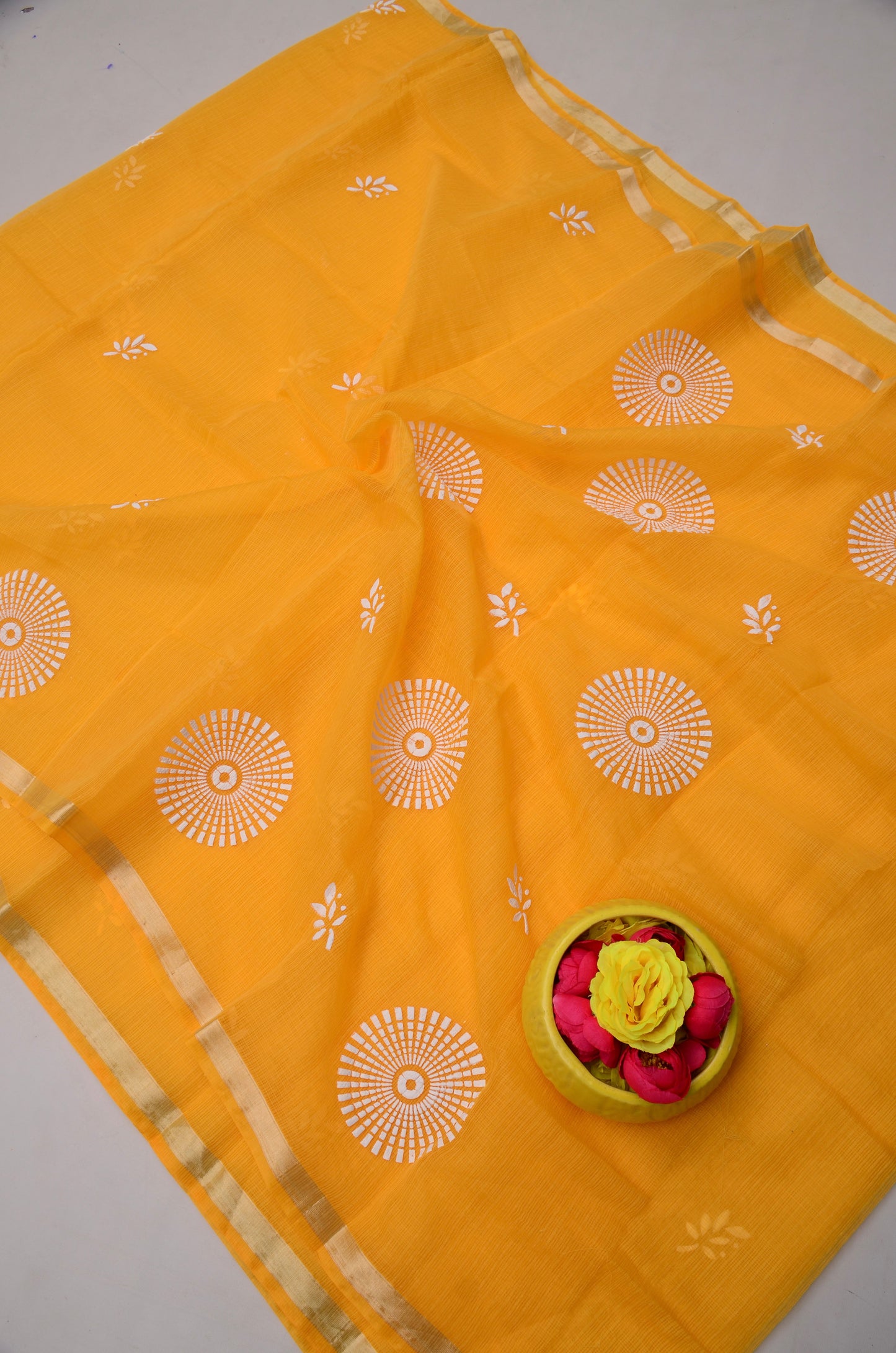 Stylish Bright Yellow Floral Kota Doria Saree for Casual & Festive Occasions