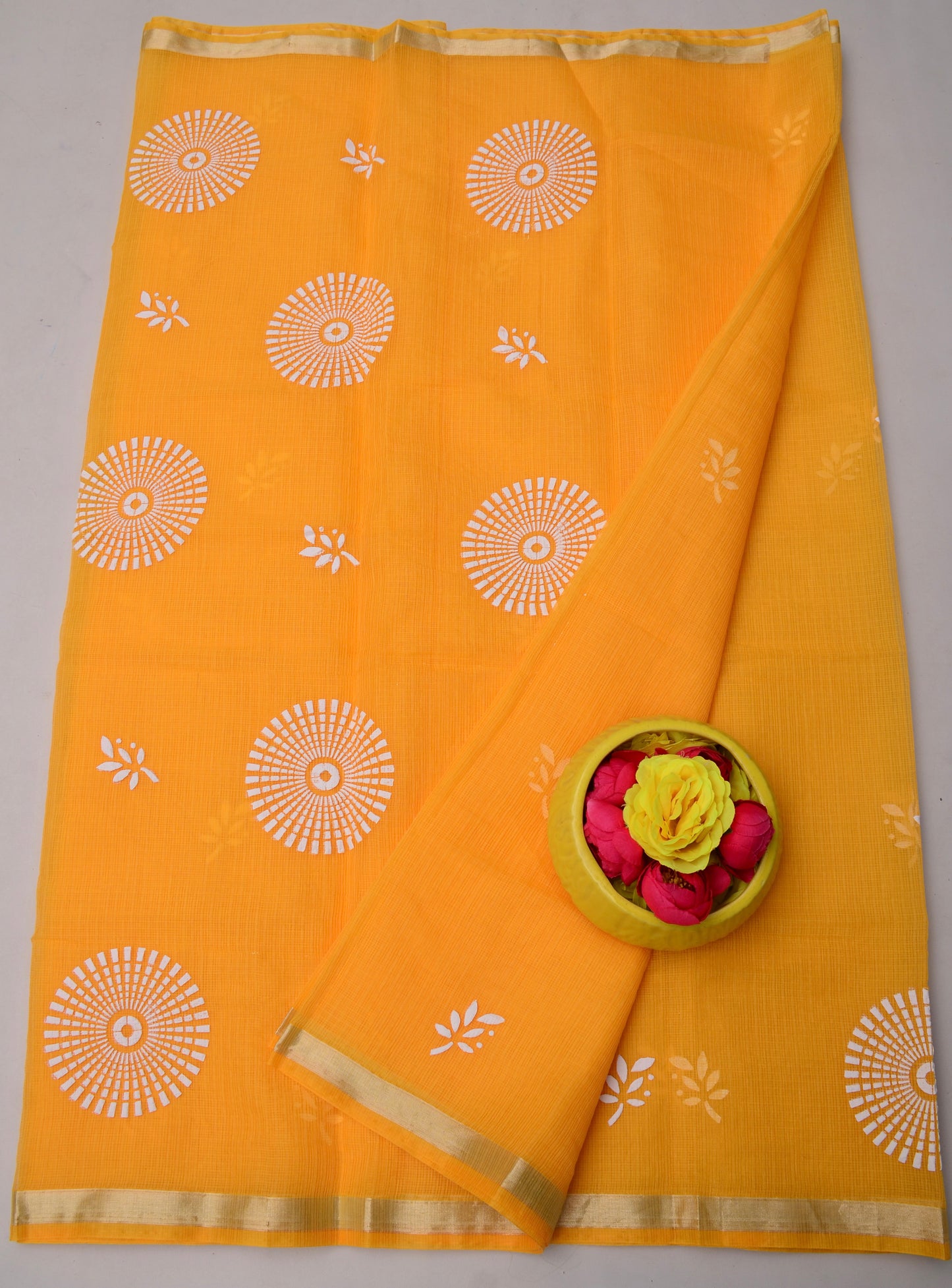 Stylish Bright Yellow Floral Kota Doria Saree for Casual & Festive Occasions