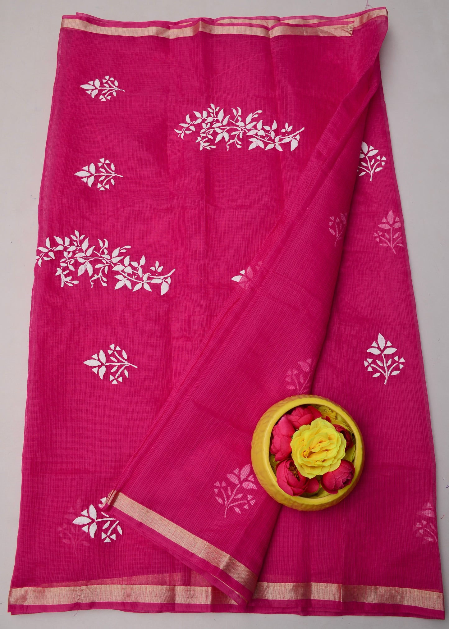 Elegant Dark Pink Floral Kota Doria Hand Printed Saree for Festive Wear