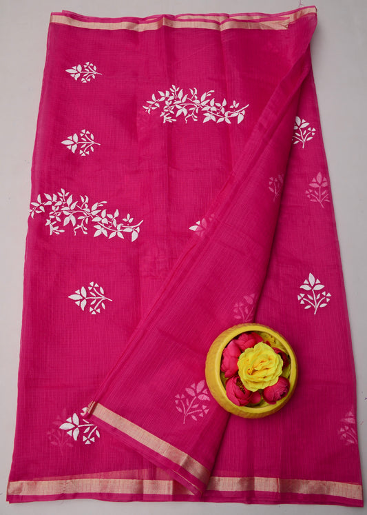 Elegant Dark Pink Floral Kota Doria Hand Printed Saree for Festive Wear