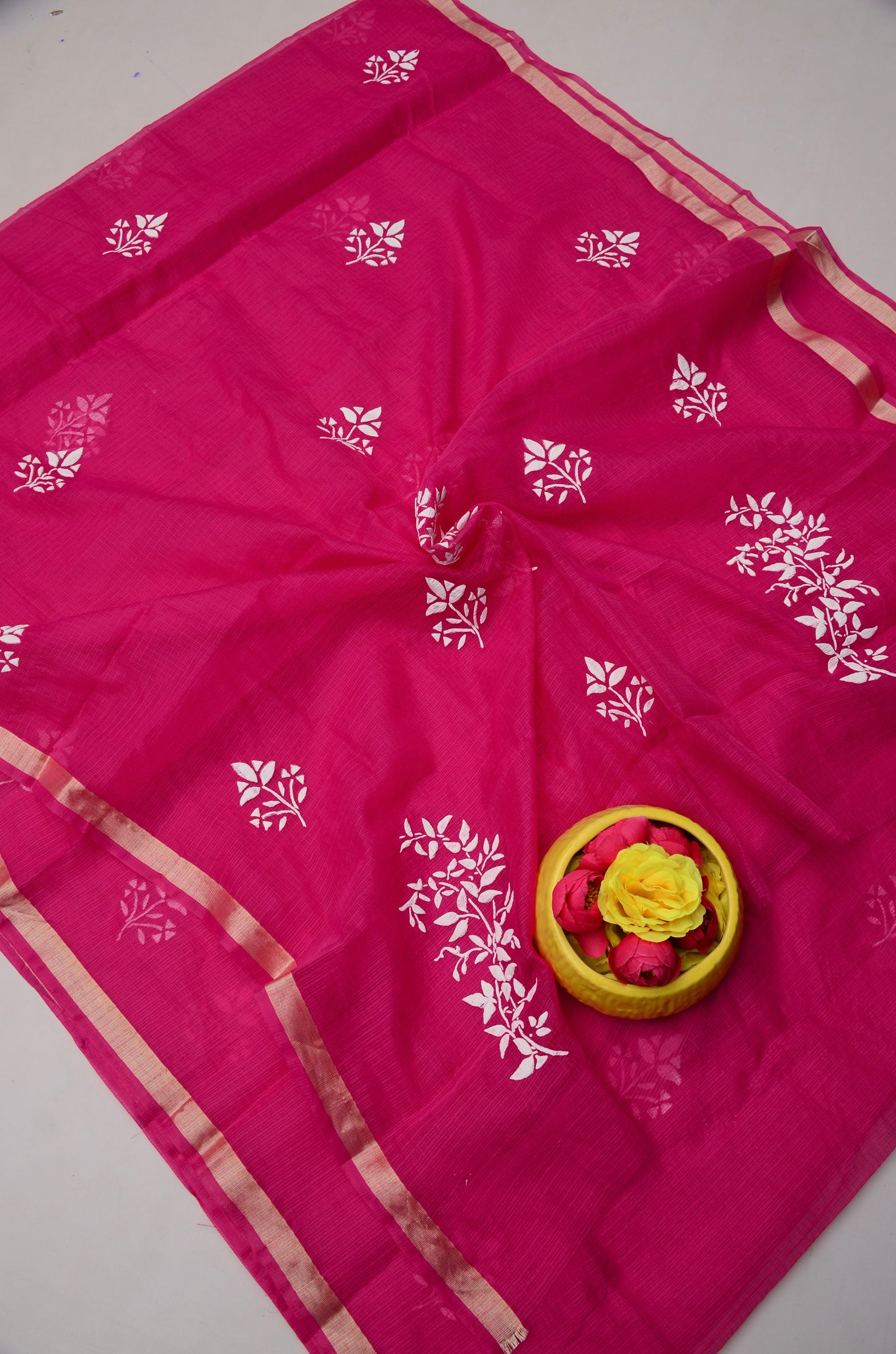 Elegant Dark Pink Floral Kota Doria Hand Printed Saree for Festive Wear