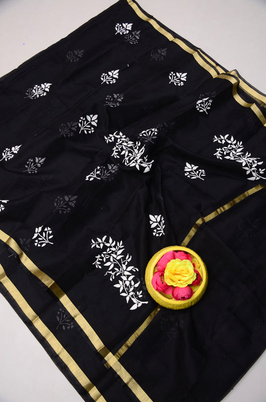 Premium Black Floral Kota Doria Printed Saree with Blouse