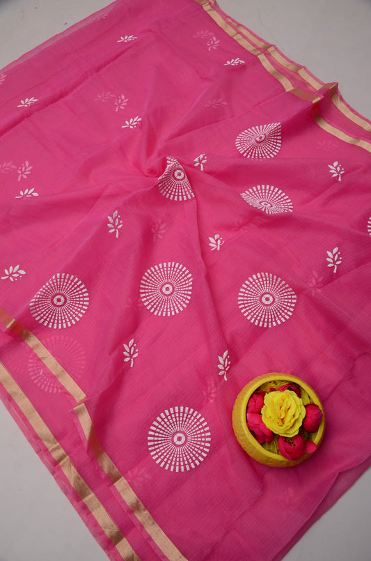 Premium Pink Floral Kota Doria Saree with Matching Blouse Fabric