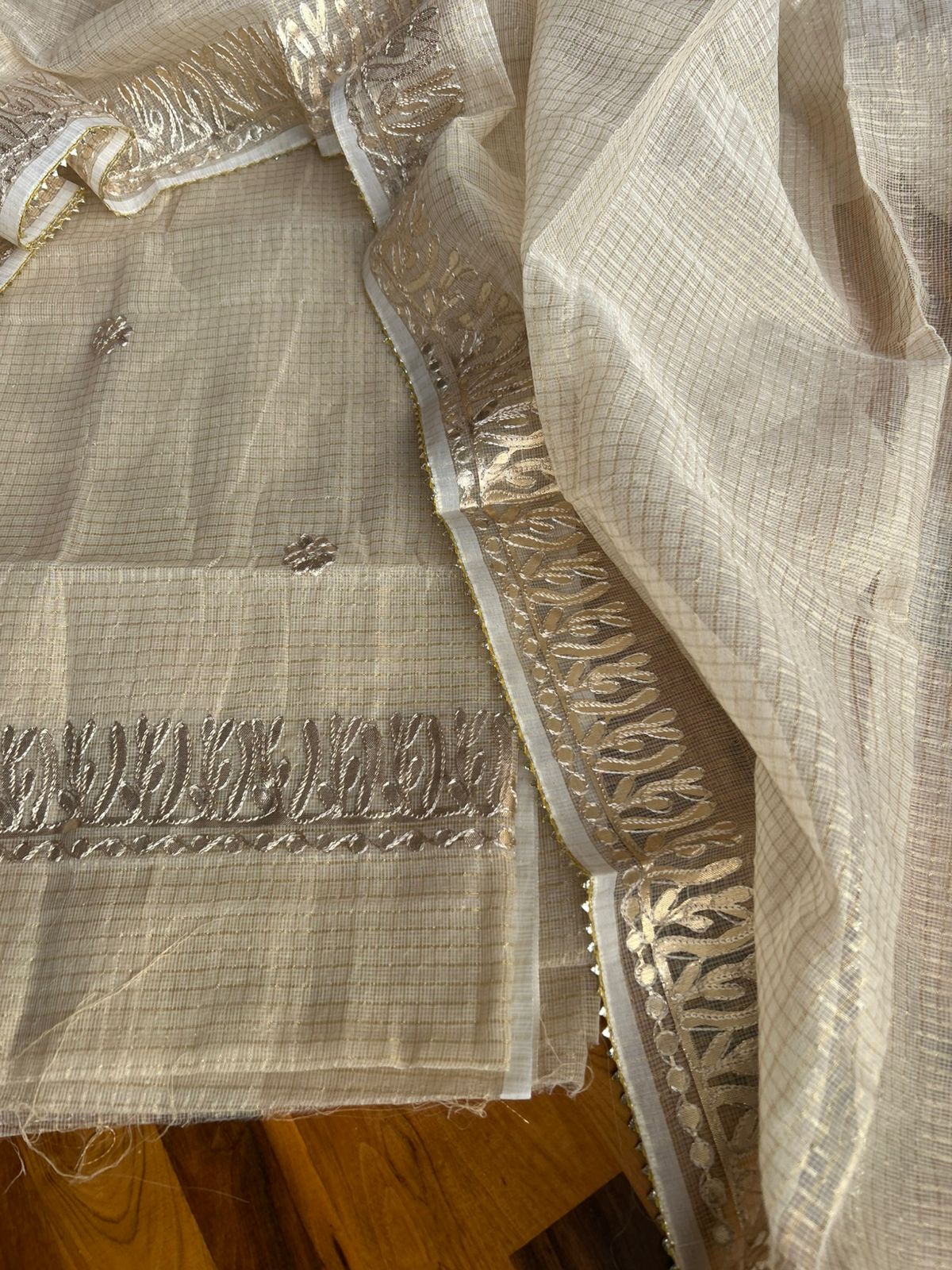 Mirror-Work 3-Piece Unstitched Suit Cream