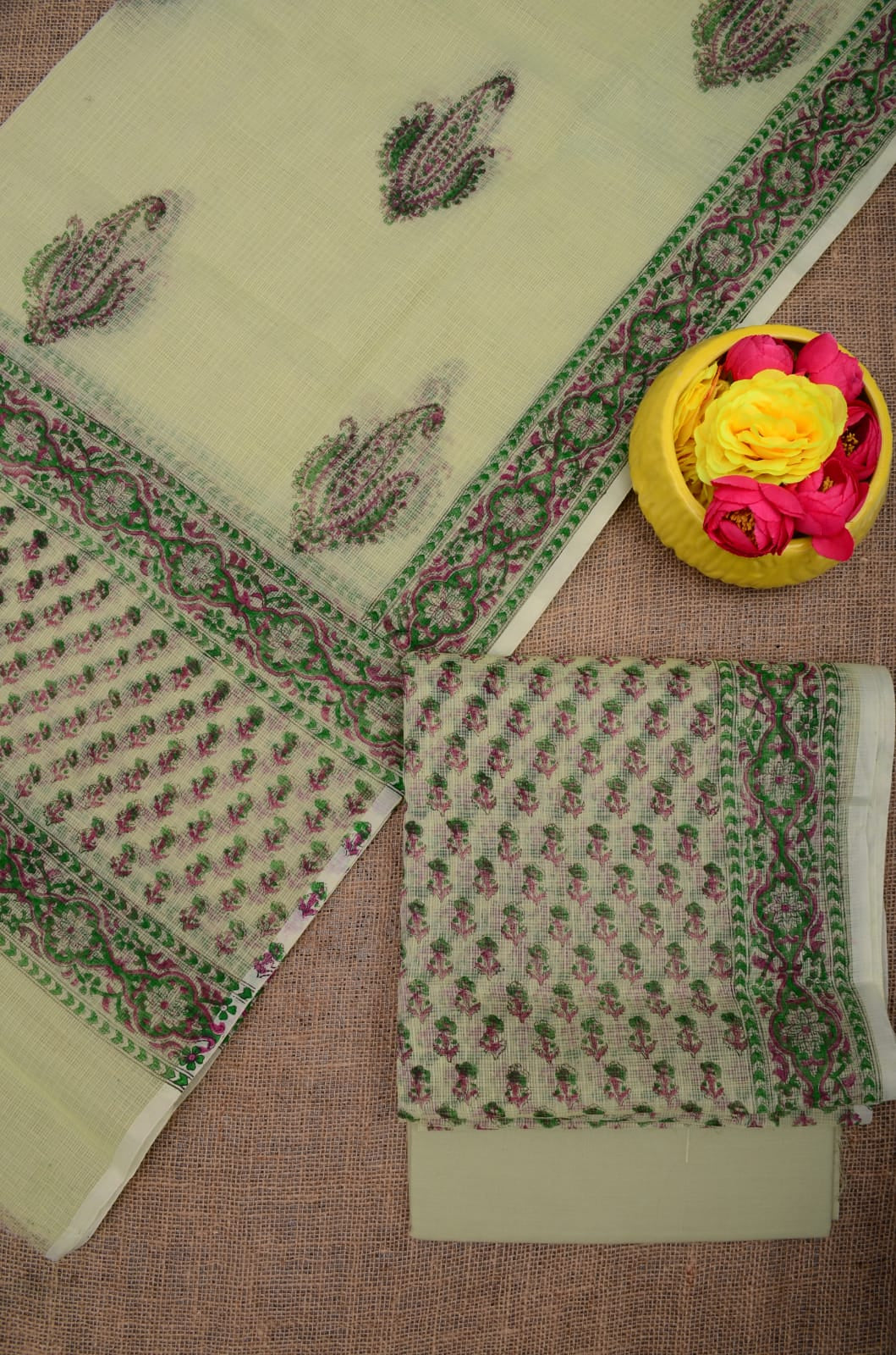 Classic Hand block Printed Paisley Suit Green
